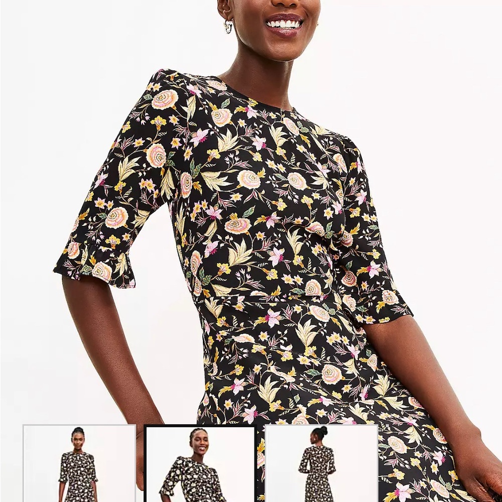 beautiful brand new WT LOFT dress,multi color,floral pattern,ruffled sleeves